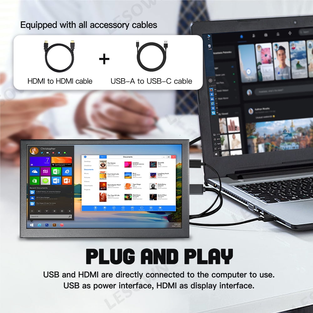 LESOWN Small Wide Monitor 7 inch Touch Screen 1024x600 IPS HDMI USB Portable Display with Speakers for Raspberry Pi Computer