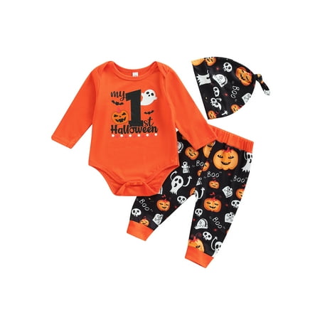 

My 1st Halloween Baby Boy Girl Outfits Long Sleeve Pumpkin Romper Jumpsuit + Ghost Trousers + Hat Sets