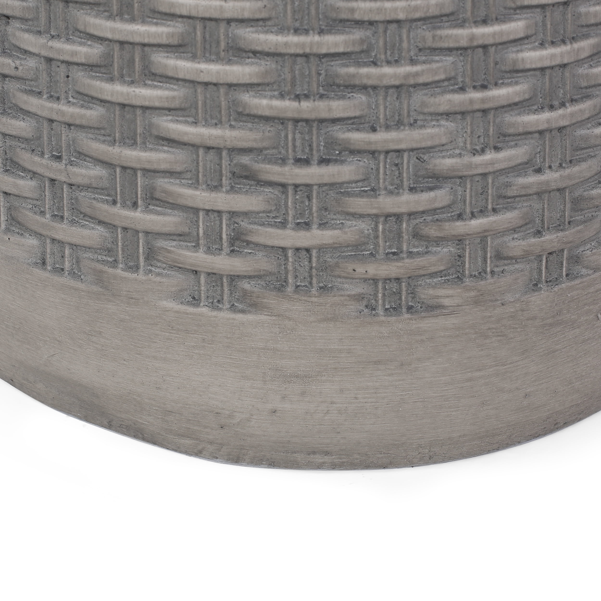 Outdoor Round End Table, Lightweight Concrete with Basket Weave Pattern for Patio Garden, White