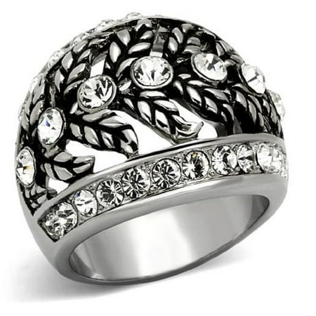 - Large Stainless Steel Vintage Design Leaf Crystal Fashion Dome Ring Sizes 5-10