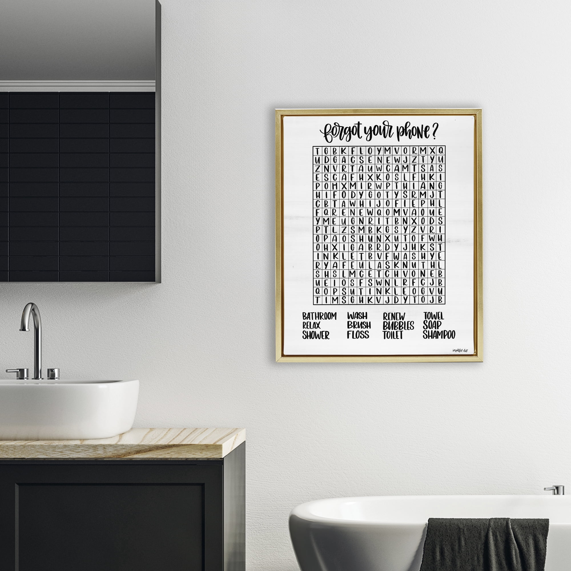 Stupell Industries Forgot Phone Bathroom Wordsearch Gold Framed Floater Canvas Wall Art, design by Imperfect Dust