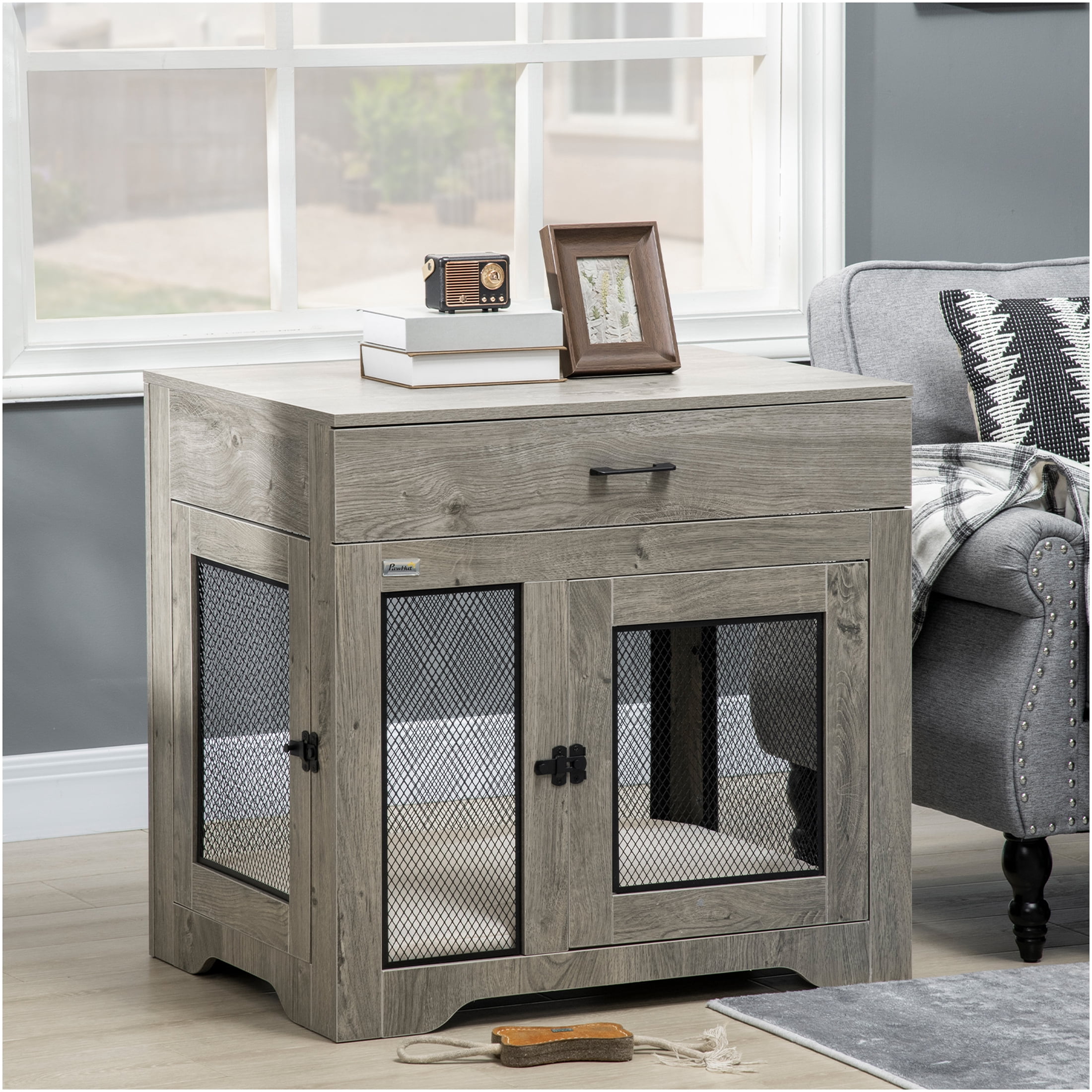 JERFIT Multi-Level Cat & Dog Window Perch with Storage Drawer, Non-Slip Stairs, Washable Cushion for Small Medium Pets, Vintage Black Furniture-Style Pet Bunk Bed