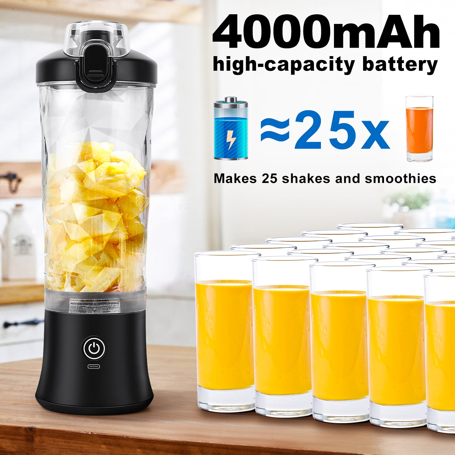TINANA Portable Blender for Smoothies, 20oz Small Personal Blender with Travel Lid, USB Rechargeable, Single Serve Fruit Mixer for Kitchen, Black