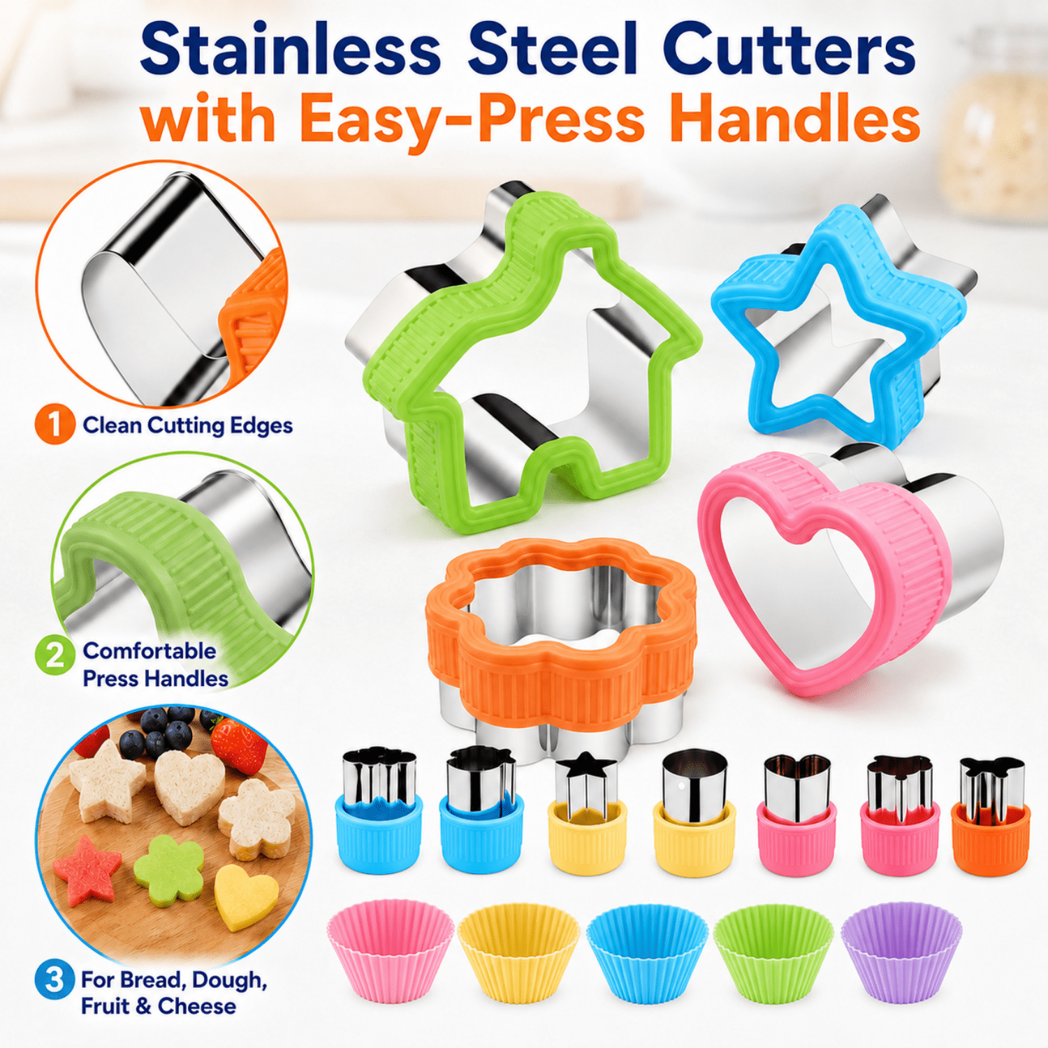 Sandwich Cutters for Kids Lunch, 36-Piece Set with Stainless Steel Bread and Cookie Cutters, Cartoon Food Picks and Silicone Baking Cups for Bento Lunches, Ages 6-12