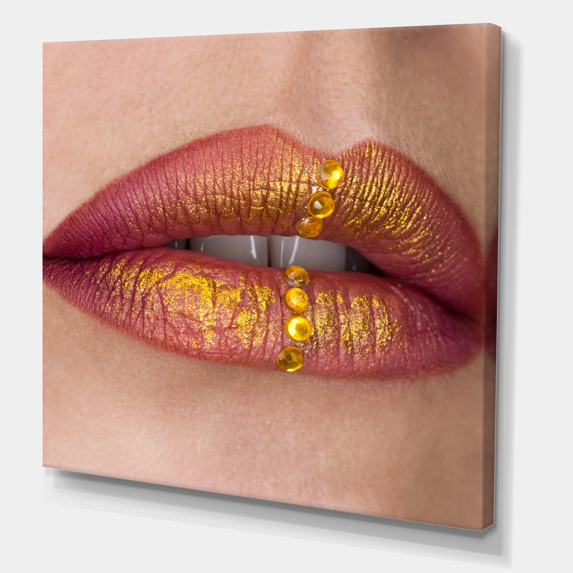 Woman Lips Close-Up With Red Lipstick, Gold Paint 30 in x 30 in Painting Canvas Art Print, by Designart