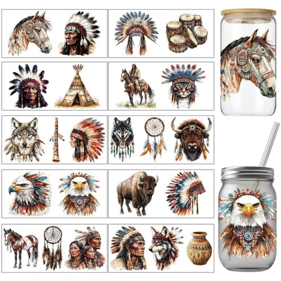 10 Pcs Tribal Animals Pattern PVC Cup Transfer Stickers Colorful Native American Style UV Waterproof Cup Sticker Kit