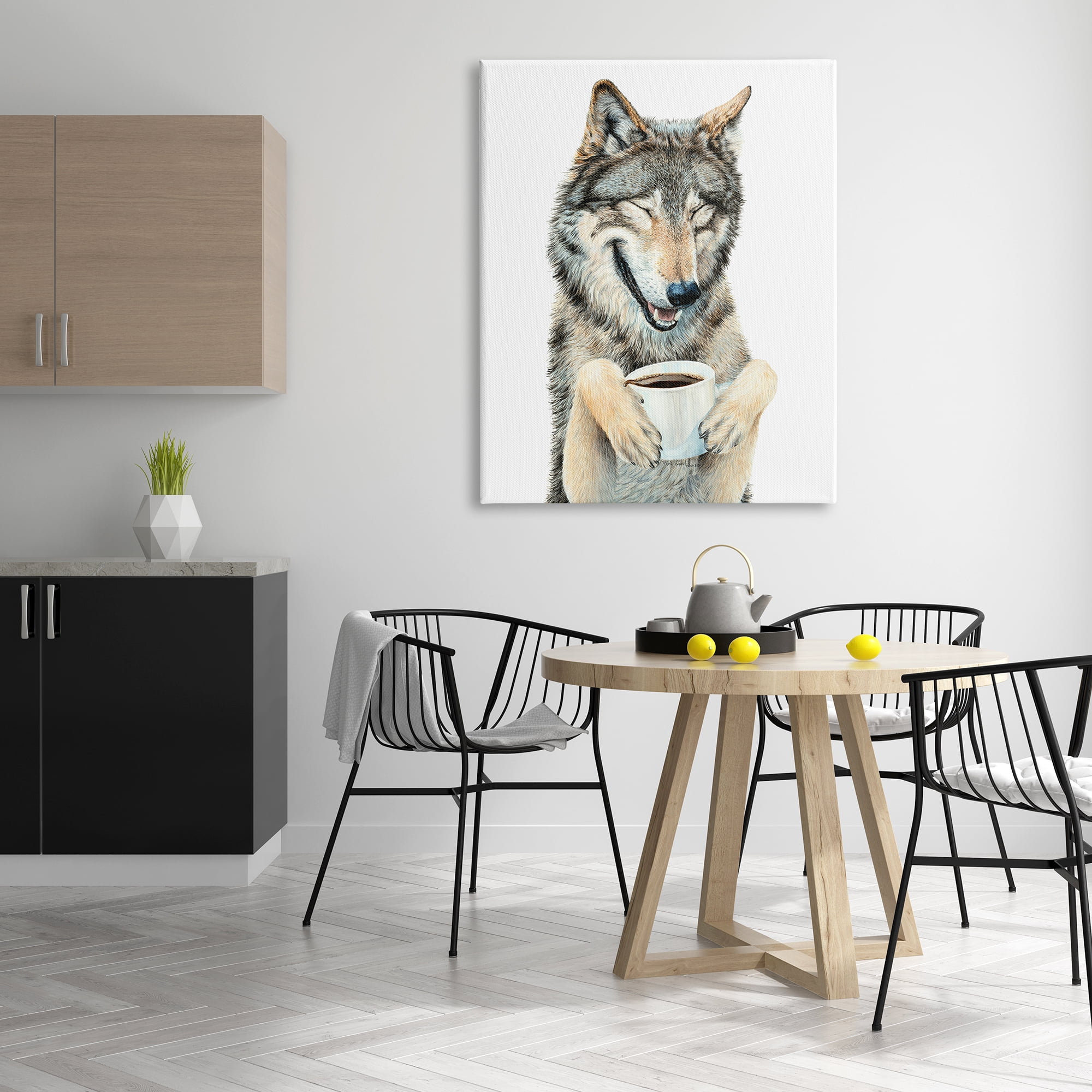 Stupell Industries Laughing Wolf with Coffee Animals & Insects Painting Gallery Wrapped Canvas Print Wall Art, 36 x 48