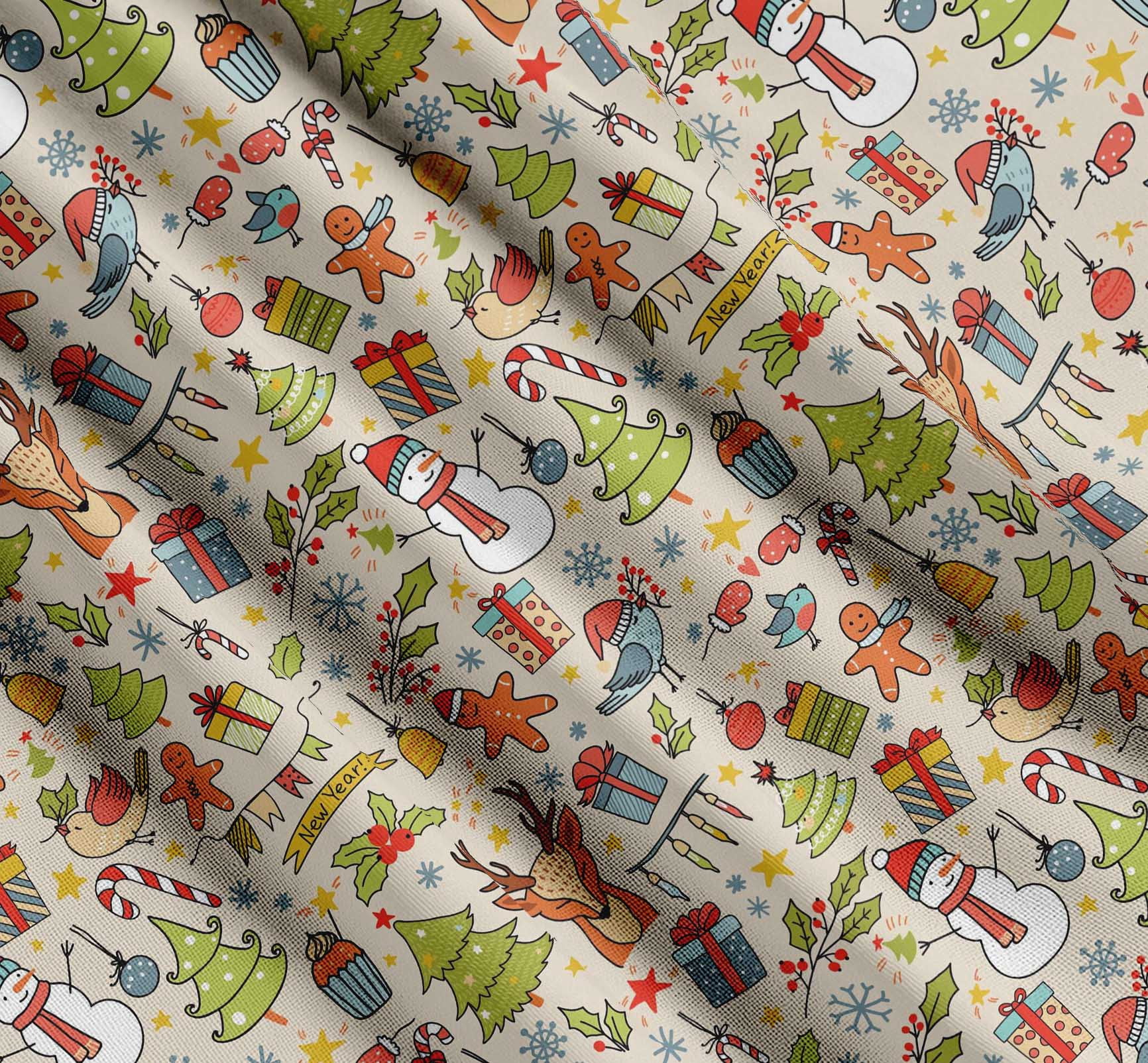 Soimoi Cotton Poplin Fabric Gift Box,Snowman & Tree Christmas Printed Fabric 1 Yard 42 Inch Wide
