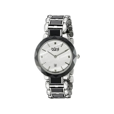 Mother Of Pearl Silver Wrist Watch - Women's BUR147BK Silver and Black Quartz Watch With Diamond Mother of Pearl Dial And Black and Silver Ceramic Bracelet