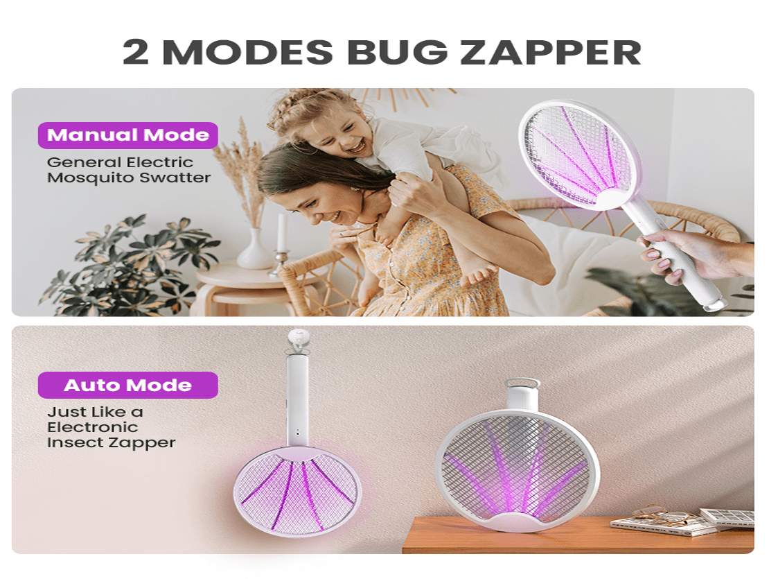 Electric Fly Swatter Racket, Rechargeable, 2 in 1 Smart Bug Zapper Racket with USB Rechargeable Base, Powerful Mosquitoes Trap Lamp & Fly Killer, 3-Layer Safety Mesh for Home, Bedroom, Kitchen, Patio