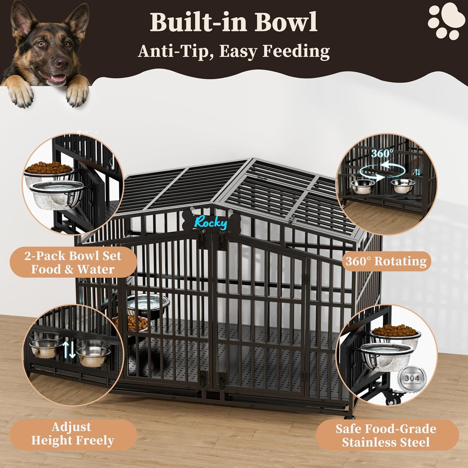 POAO 48"Heavy Duty Indestructible Dog Crate, Extra Large Metal Dog Kennel with 2 Adjustable Bowls, Open Top & Lockable Wheels, Escape Proof Indoor Cage for High Anxiety Big XL Dogs