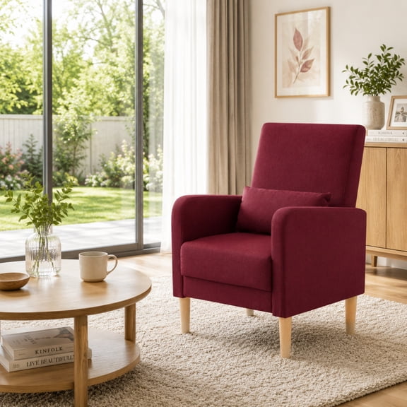 BSHTI Mid-Century Wood Accent Chair with Backrest and Armrest, Modern Upholstered Chair in Linen Fabric, Upholstered Dining Chair with Solid Wood Legs for Reading Nook, Apartment