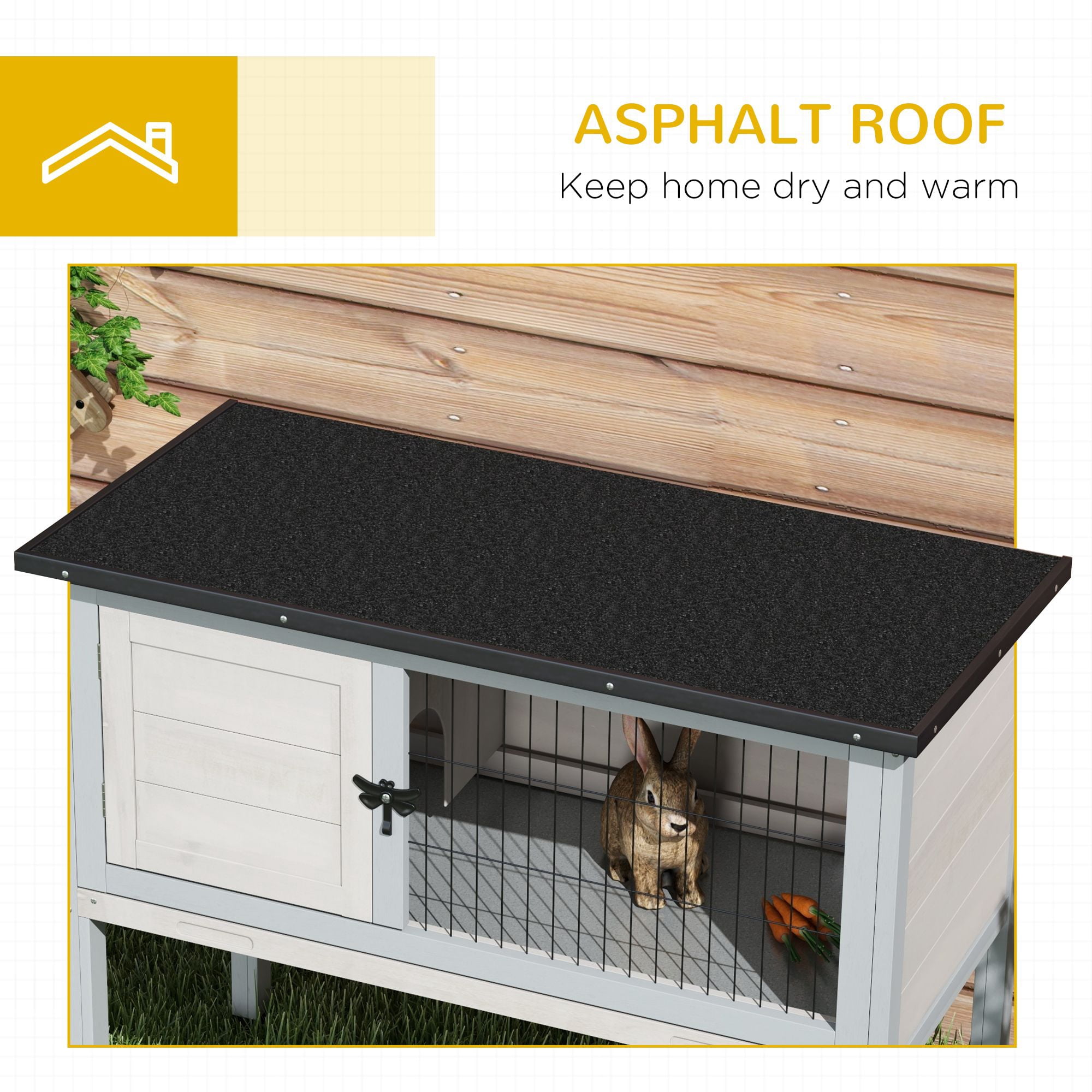 Elevated Rabbit Hutch, Wooden Bunny Cage with Hinged Asphalt Roof and Removable Tray, for Indoor/Outdoor, Gray