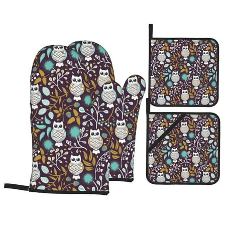 

Oven Mitts and Pot Holders Sets 4 pcs Forest Cute Owl A Non-Slip Oven Gloves Potholders Soft Quilted Lining Heat Resistant Gloves Hot Pads for Kitchen Cooking Baking