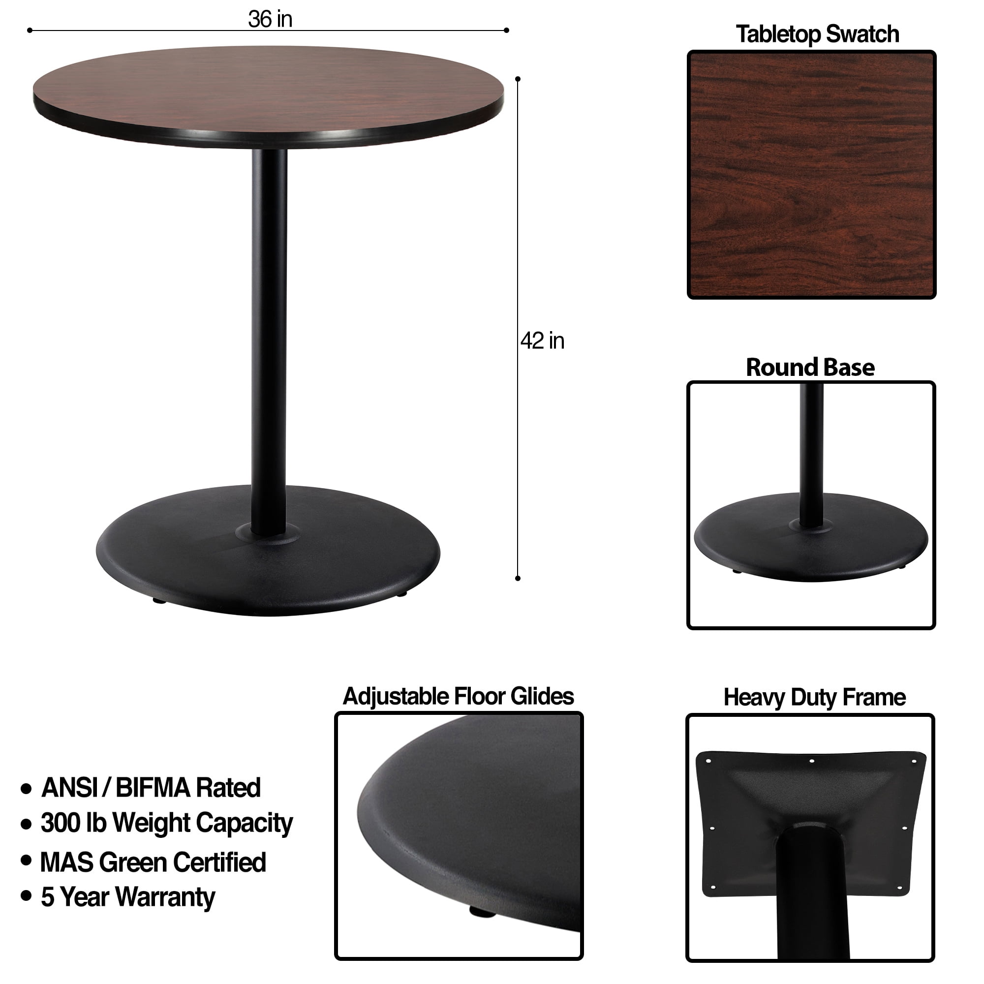 Hampden Furnishings Bennet Collection Steel Frame 36" Round Top, Round Base, 42" Height, Cafe Table, Black Frame/Mahogany Top