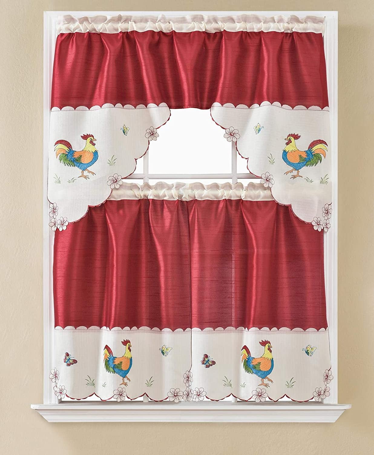 3 PC Kitchen Curtain Swag Set Fruit Floral Rooster Printed Design Window Panels 