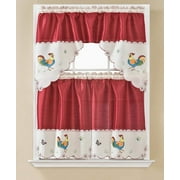 3 Piece Semi Sheer Embroidery Rooster Kitchen/Café Window Curtain Tiers and Valance Set