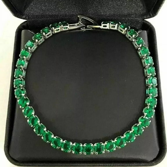 Lakshya Jewel LLC Round Cut Lab Created Green Emerald Women's Tennis Bracelet 14K White Gold Over