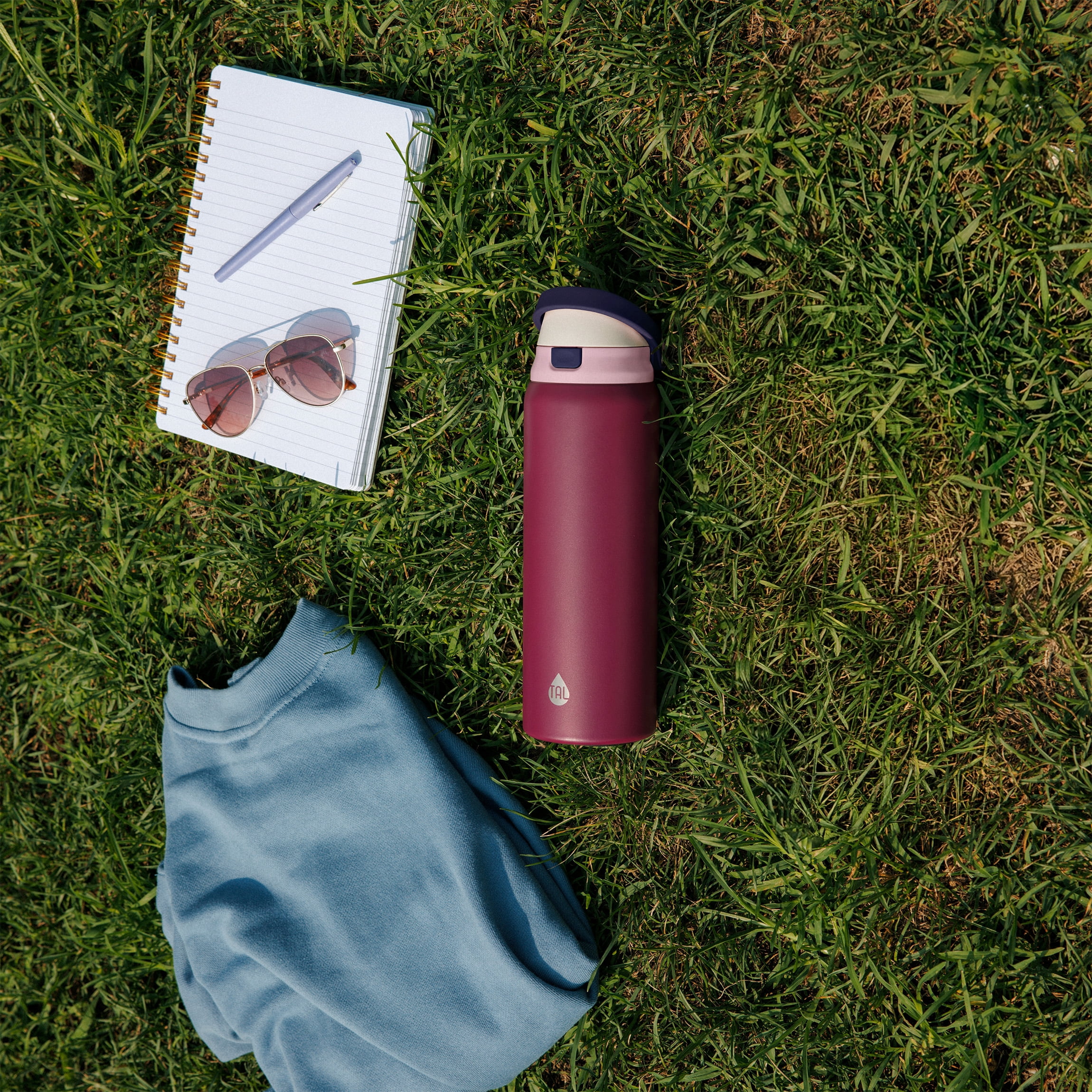 TAL Stainless Steel 2-in-1 Straw and Chug Water Bottle with Push Lid 32 fl oz, Berry