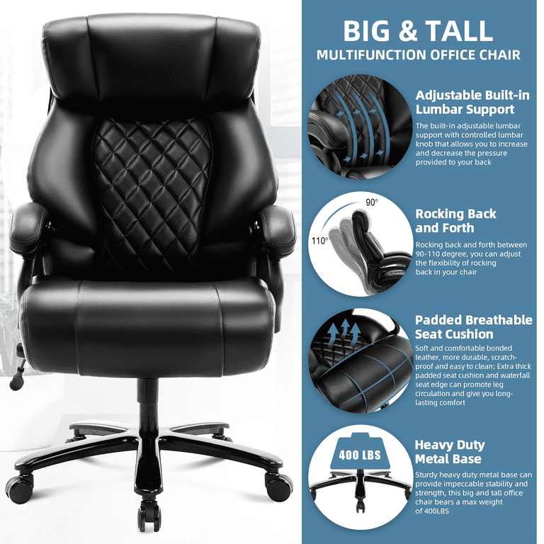 Heavy Duty Big and Tall Office Chair with Adjustable Lumbar Support, 400 LBS  Executive Office Chair for Heavy People with Wide Seat, High Back Pu  Leather Computer Chair 