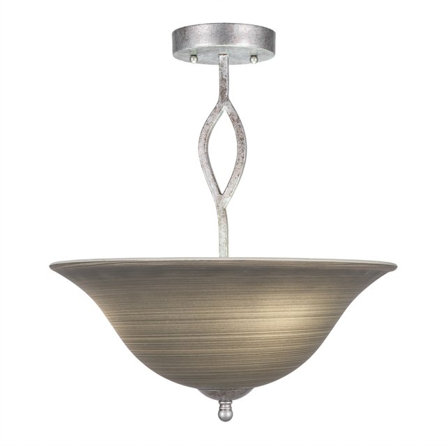 Revo Semi-Flush con 3 bombillas mostrado en acabado plateado envejecido con vidrio de lino gris de 16 "