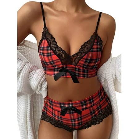 

LilyLLL Womens Christmas Xmas 2pcs Plaid Check Lingerie Suit Lace Bra Briefs Underwear