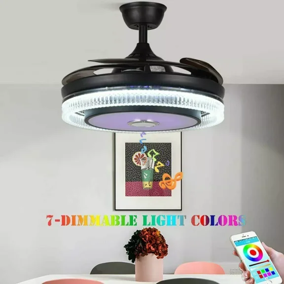 More Change Modern 42"Bluetooth Ceiling Fan LED 7-Color Crystal Chandelier Music Speaker