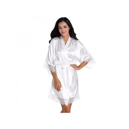 

Luxsea Ladies Summer Thin Silk Bathrobe Knee-length Pure Color Lace 4/3 Sleeve Morning Gown