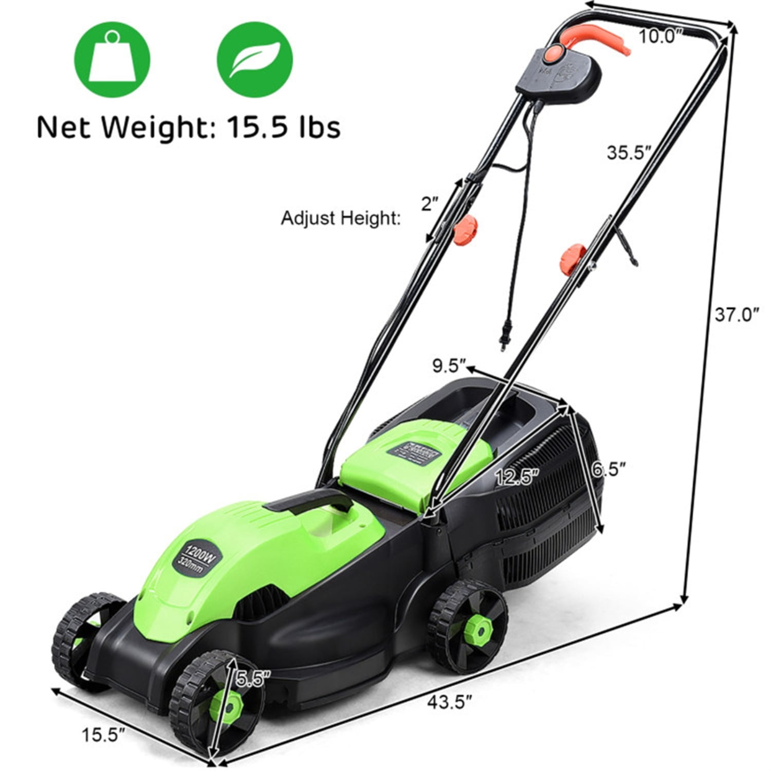 13-Inch Electric Lawn Mower with 8 Gal Grass Collection Box, 3 Adjustable Cutting Heights, Lightweight 15.5LBS Push Mower for Garden - Green