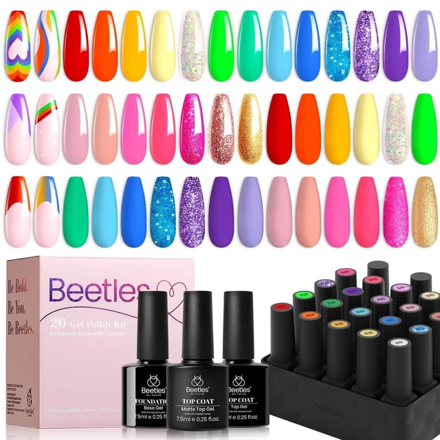Set de esmaltes en gel con forma de escarabajos, 20 colores, purpurina, rosa, rojo, verde y azul