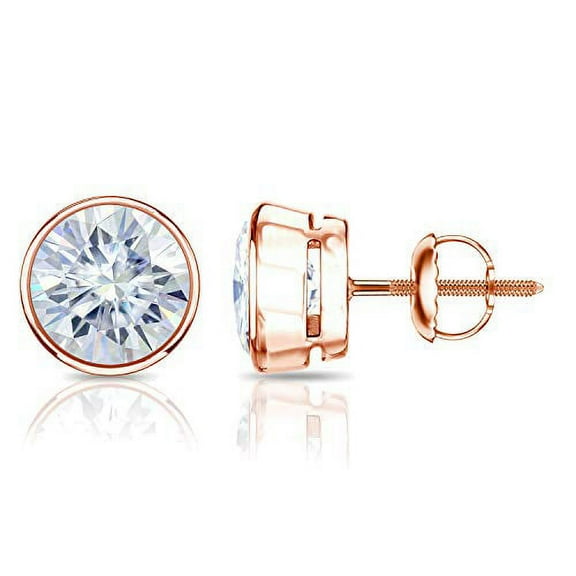 14k Rose Gold Round Moissanite Stud Earrings (1ct TGW, 5mm, H-I) Bezel-set, Screw-Back by Diamond Wish