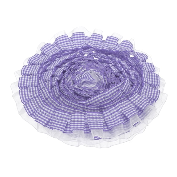 Uxcell 2 Layer Gingham Ruffle Ribbon Trim, 5 Yards x 1.38" Chiffon Pleated Ribbons Fabric Edge Trimming for Sewing, DIY Crafts, Dress and Home Decor Embellishment, Purple