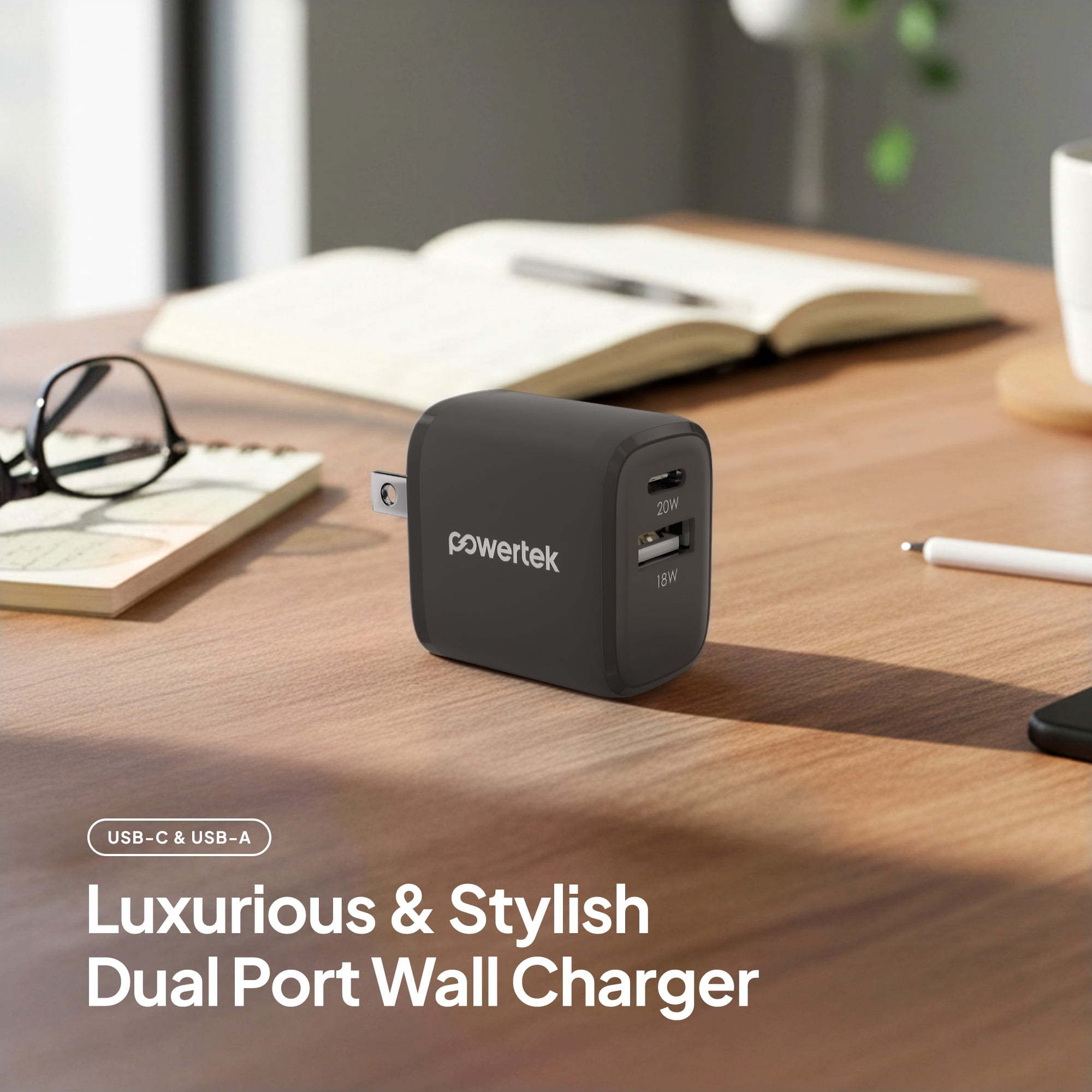 Powertek 20W USB-C PD + USB-A Dual Port Wall Charger, Carbon Design, Grey