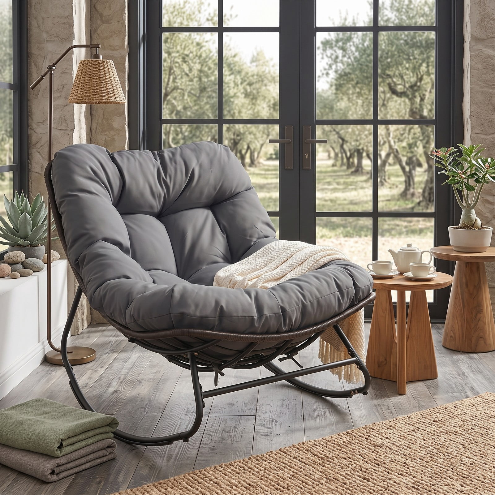 Furnibear Outdoor Papasan Rocking Chair with Thick Removable Cushion and Non-Slip Pads for Oversized Patio and Backyard Comfort, Gray