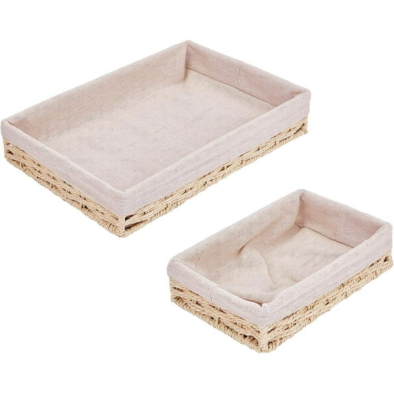 1 set Paper Braid Baskets 2 Sizes Storage Organizer Baskets with Removable Linen Liners Grocery Basket for Closet Bedroom Picnic and Office Blanched Almond