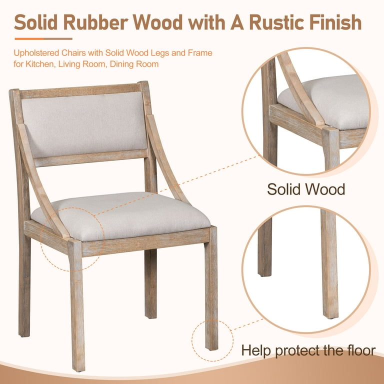 TREXM Retro Wood Dining Chairs Set of 2 Upholstered Chairs with Solid Wood Legs and Frame for Kitchen Living Room Dining Room Natural Wood Wash