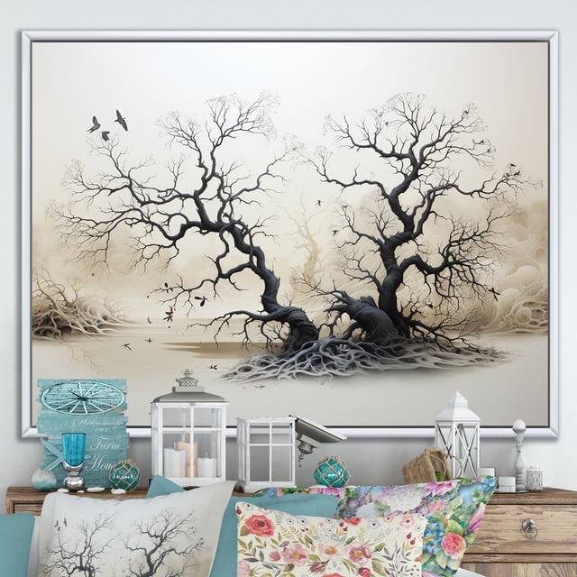 Designart Trees framed wall art decor, Tree White Framed Wall Art, Grey White Tree Willows , Extra large Traditional White Framed Wall Art, 32x16 inches White Color Frame