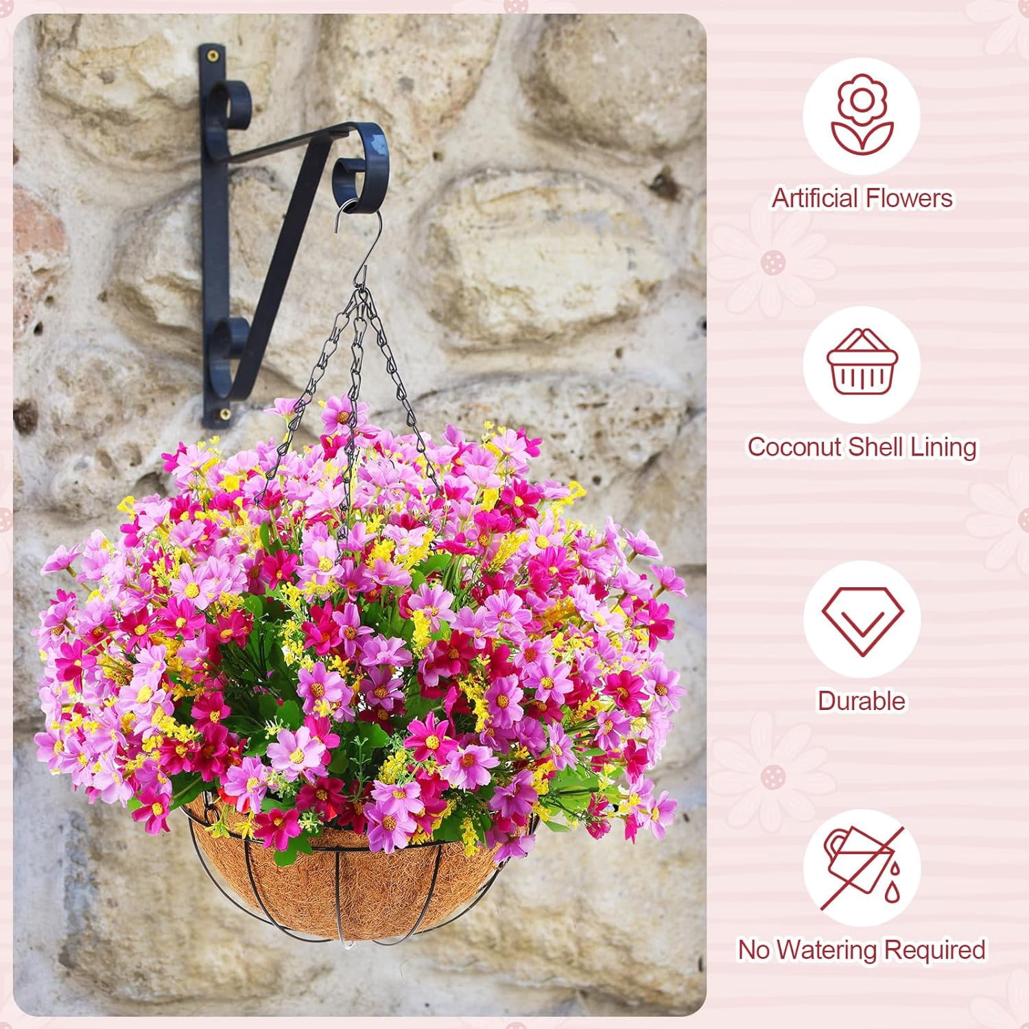 4 Pack Artificial Hanging Flowers in Basket Artificial Daisy Arrangement with 12 Inch Coconut Lining Realistic Artificial Hanging Plants for Outdoor Indoor Patio Lawn Garden Porch Decor