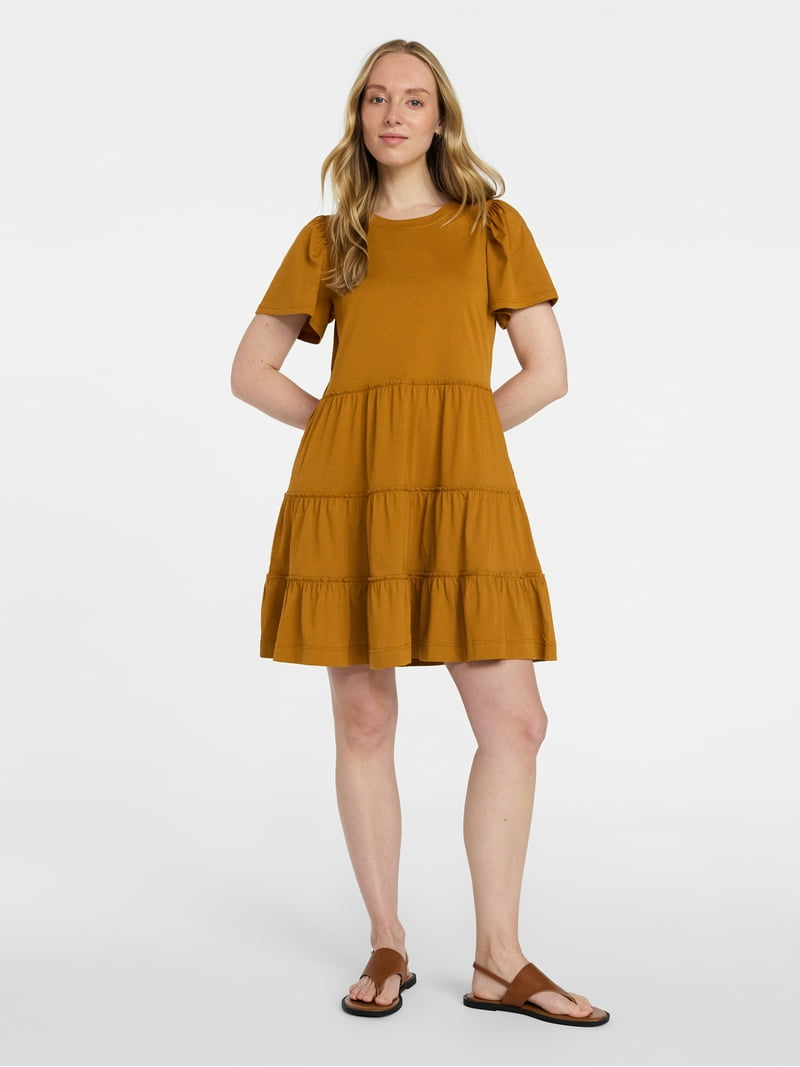 Time and Tru Women's and Womens Plus Cotton Swing Dress with Short Sleeves, Sizes Xs-4x, Size: Small, Brown Time and Tru Women's and Womens Plus Cotton Swing Dress with Short Sleeves, Sizes Xs-4x, Size: Small, Brown