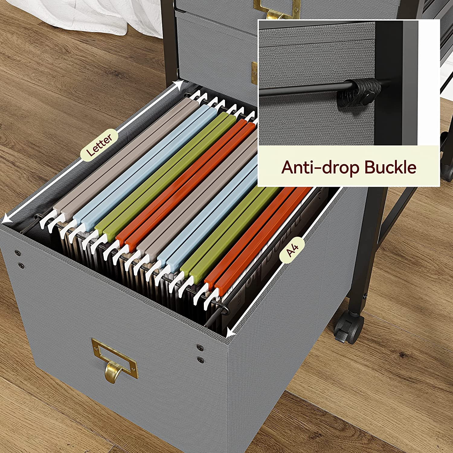 File Cabinet with 4 Drawer, Mobile Filing Cabinet Rolling Printer Stand Fits A4 or Letter Size, Fabric Vertical File Cabinet with Wheels, Under Desk Storage Cabinet for Home Office, Grey