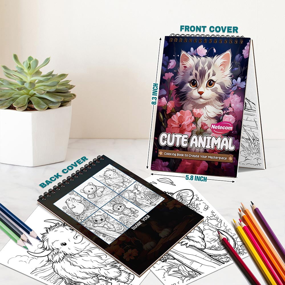 Netecom Cute Animals Coloring Book Spiral Bound for All Ages, A5 Wooden Cover, 30 Adorable Wildlife Coloring Pages in the Forest for Stress Relief and Relaxation