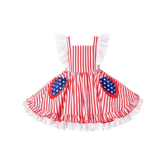 Girls Dress Flutter Sleeve Puffy Star Stripe Pocket National Day July 4th 3 Years