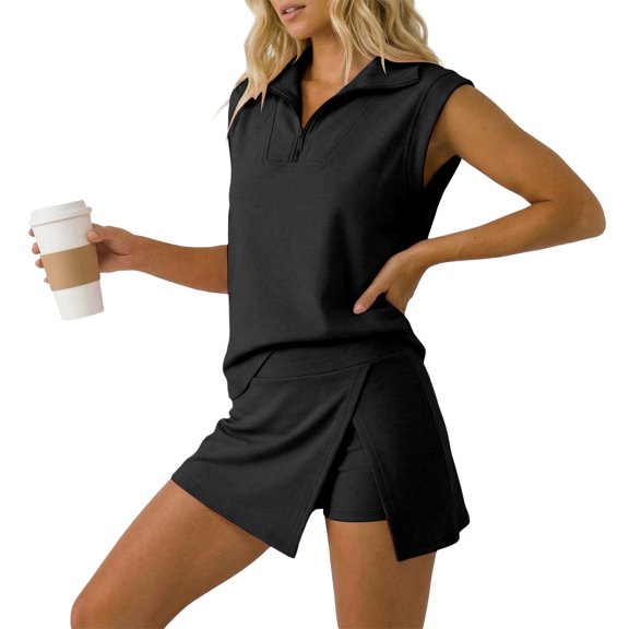 Likimi 2 Piece Sets For Women Solid Color Sleeveless High Neck Zipper Tops With Shorts Summer Soft Fashionable Outfit Set Black Size L