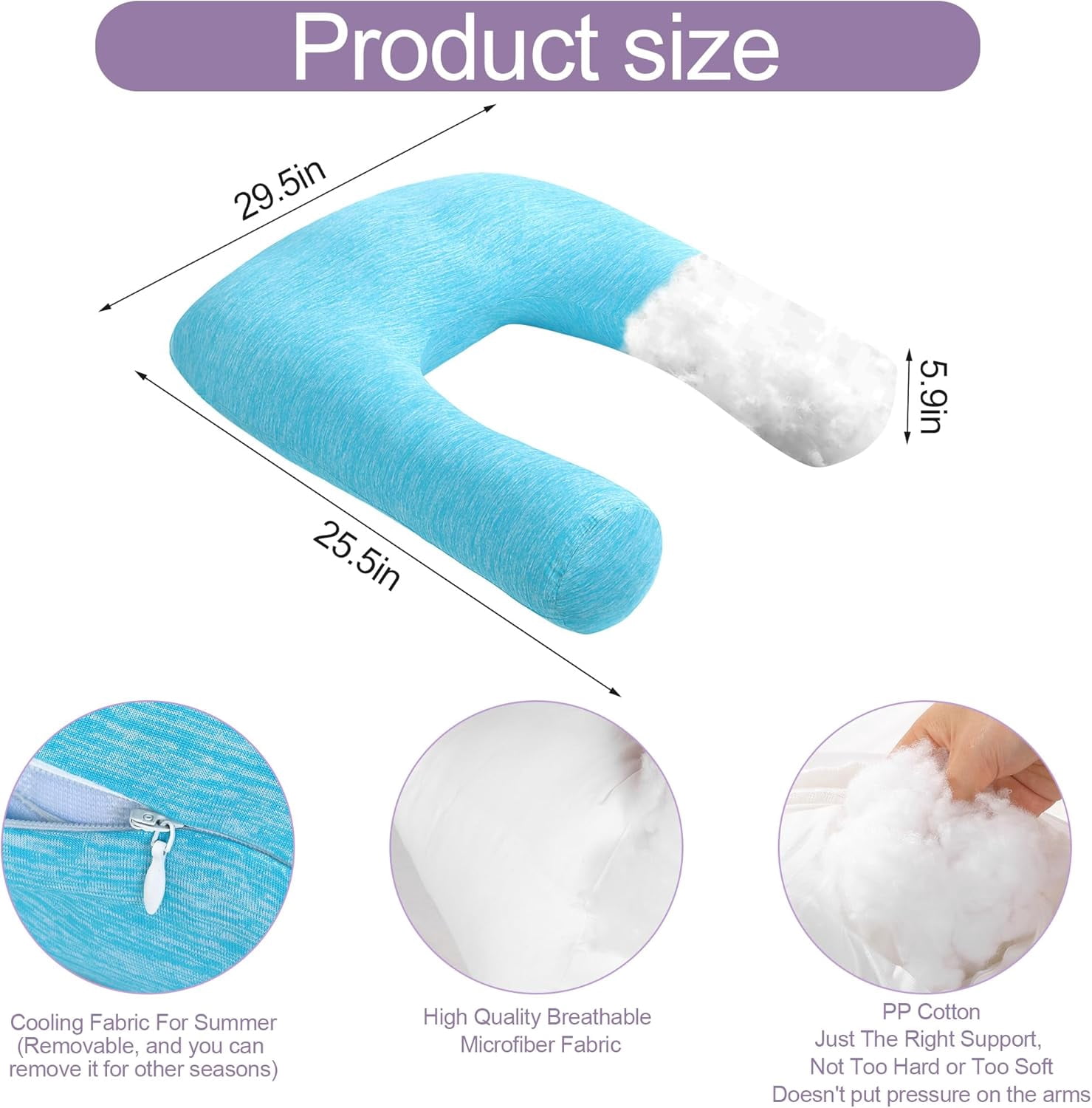 Cooling U Shaped Pillow for Neck, Contour Shoulder Pillow for Side Sleepers, Ergonomic Body Pillows for Adults, Hug Pillow with Washable Cover for Back, Shoulder Pressure Reduce (Light Blue)