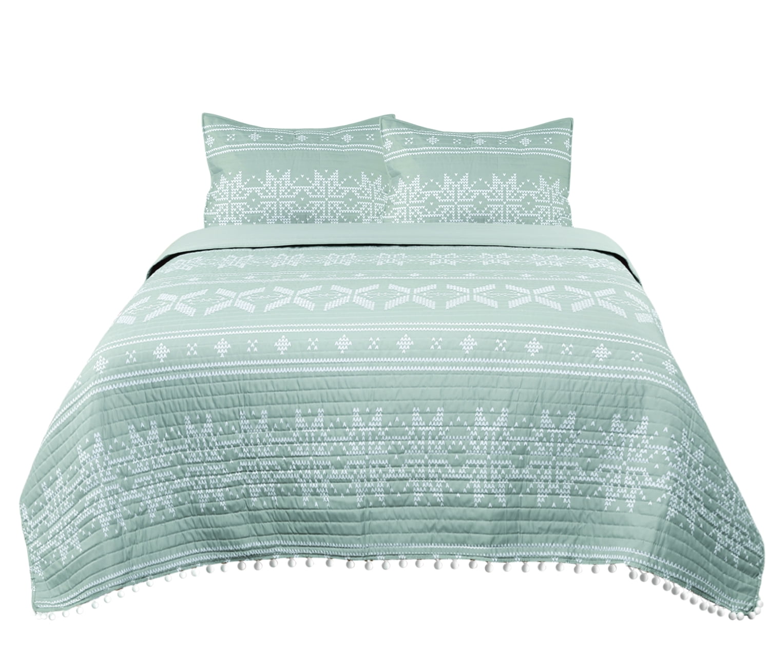 Muk Luks Fair Isle Quilt Set With Pompom Trim & 2 Matching Shams, Full