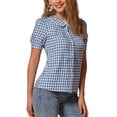 thumbnail image 4 of Blusa de manga corta con cuello Peter Pan en contraste para mujeres Inspire Chic, top de cuadros, color azul marino, 4 of 6