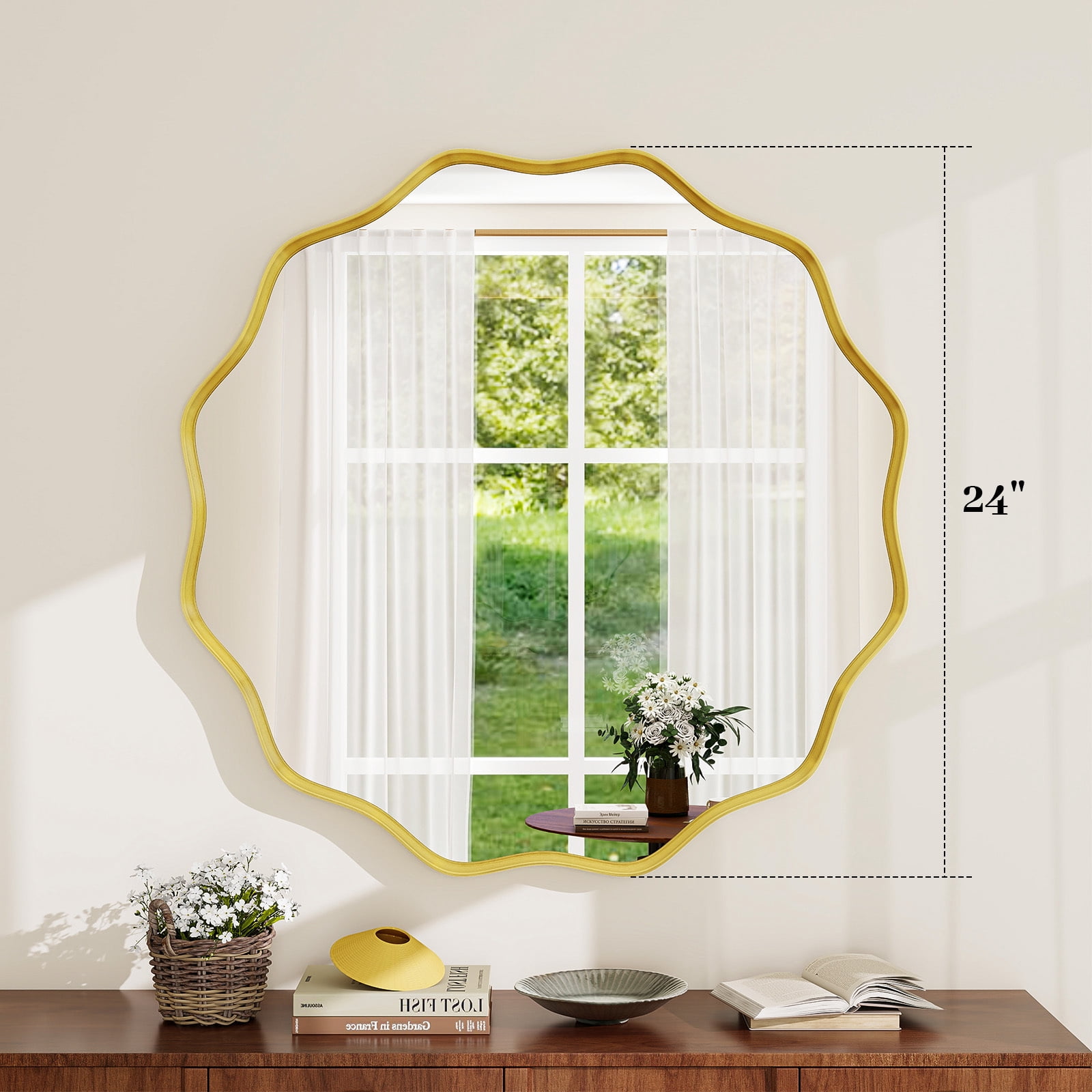 GRAHMCY 24" Wavy Round Bathroom Mirror Decorative Wall Mirror With Deep Frame, Gold