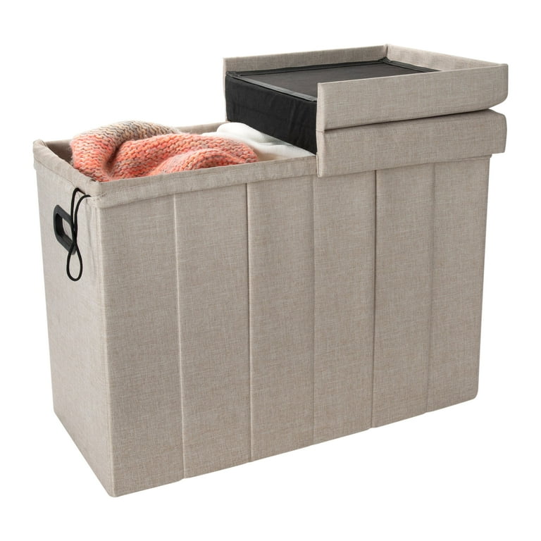Simplify Collapsible Polyester Flip Top Ottoman and Laundry Hamper Natural