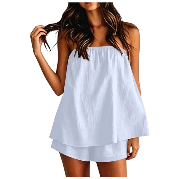 Vdoaml Women 2 Piece Matching Set Ladies Strapless Flowy Tube Top Shorts Sets Womens Loose Casual Summer Outfit XL Light Blue