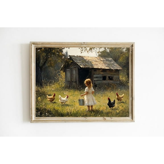 Little Girl Feeding Chickens Rustic Farm Countryside Print Poster Modern Farmhouse Children's Room Cottagecore Wall Art Poster E1032, Unframed Poster Size 8x12 F03.1.18l897